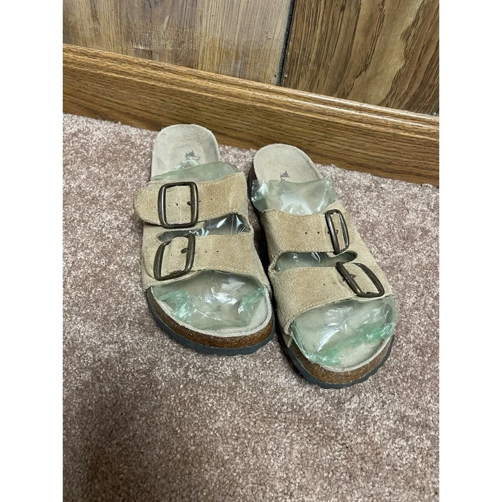 FOXRIDGE Women's Cork Slide Sandals Tan Leather Buckles 7 M